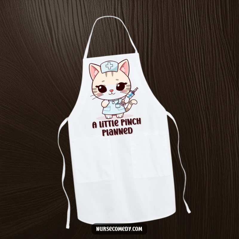 Funny Kawaii Cat Nurse Apron: Slyly offering an oversized syringe with a wink, bringing mischievous humor to the kitchen. Great funny gift.
