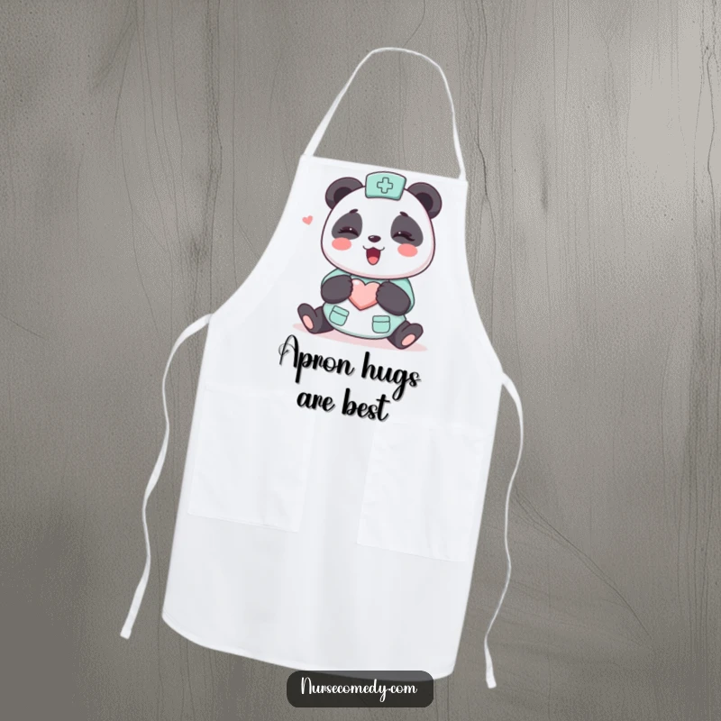 Funny Kawaii Panda Nurse Apron, cute cartoon panda giving a hug, heart on chest, perfect for kitchen or work, adds joy.