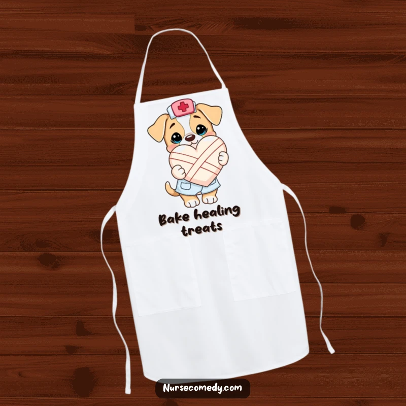 Funny Kawaii Puppy Nurse Apron: A cute puppy dressed as a nurse happily holds a bandaged heart, perfect for kitchen fun and care.