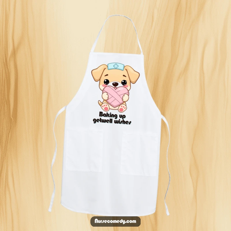 Funny Kawaii Puppy Nurse ApronHolding a Bandaged Heart Shape with Joy, Kitchen Humor, Funny Gift Idea