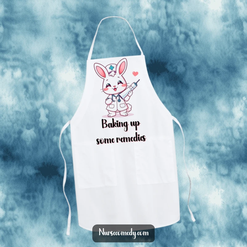 Funny kawaii bunny nurse holding a huge syringe, humorously designed for a kitchen apron.