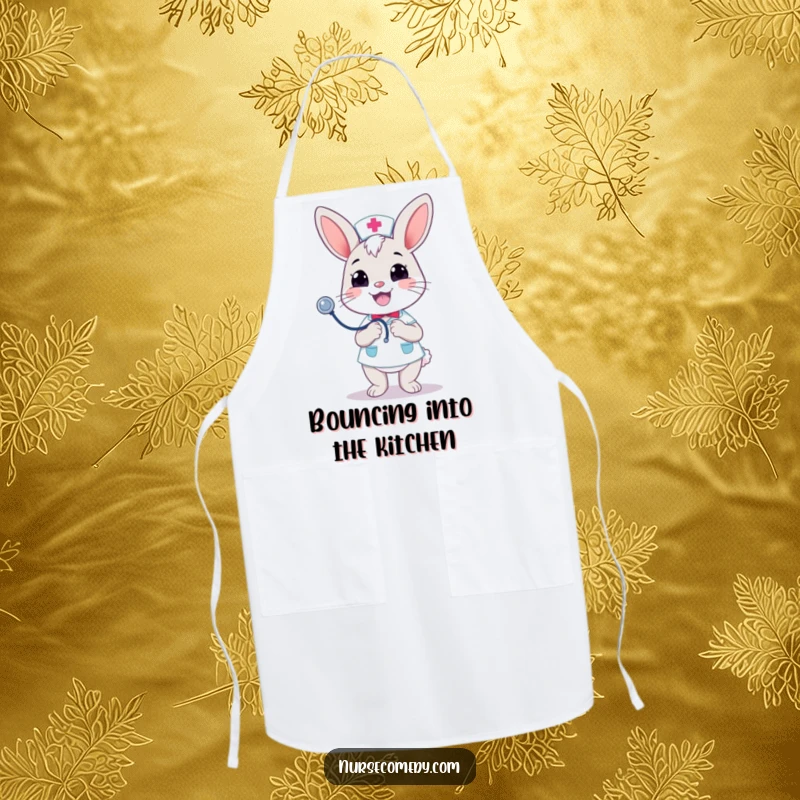 Funny Kawaii Bunny Nurse Apron: Merrily bouncing a stethoscope with a cheerful grin, bringing playful care to the kitchen. Great funny gift.