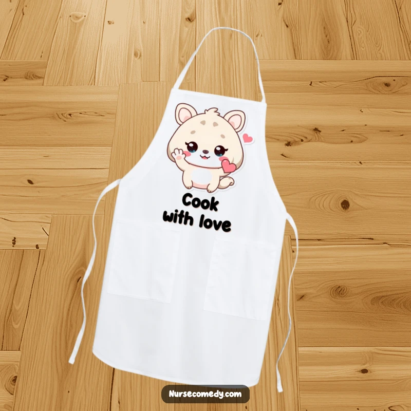 Funny Kawaii Animal Apron with a cute character waving enthusiastically and holding a heart, perfect for a friendly kitchen.