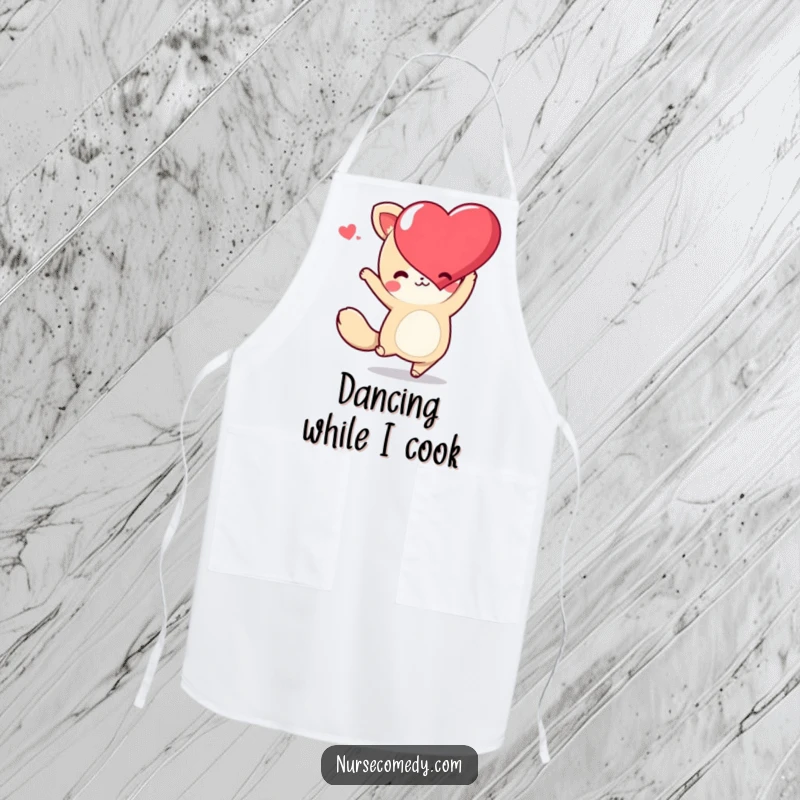 Funny Kawaii Animal Apron with a cute character dancing joyfully with a heart, perfect for a festive cooking experience.