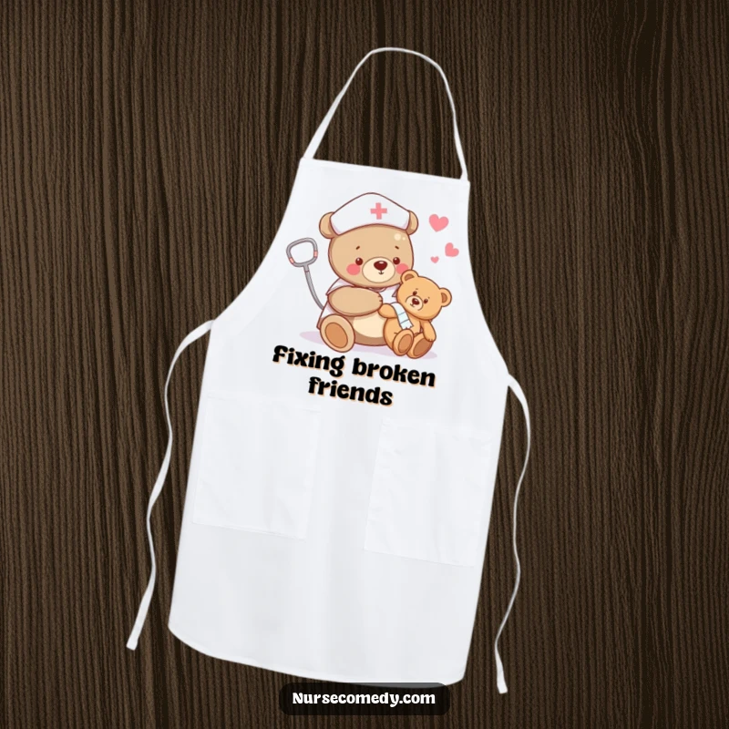 Funny bear nurse apron showing a bear bandaging a teddy bear's limb, bringing humor and charm to cooking.