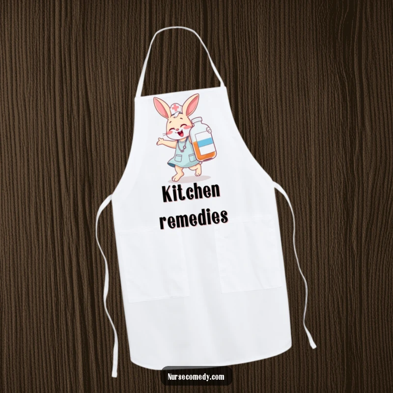 Funny bunny nurse apron, a jumping character comically giggling with a large medicine bottle, ideal for kitchen humor, funny gift.