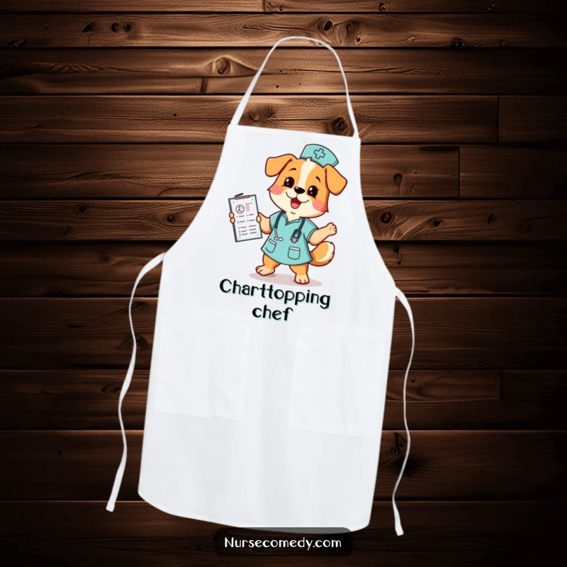 Funny dog nurse apron showing a happy dog nurse dancing with a medical chart, ideal for kitchen fun and protection.