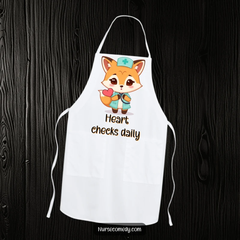 Funny Fox Nurse Apron: a curious fox wearing scrubs holds a stethoscope to a heart, ideal for kitchen humor.