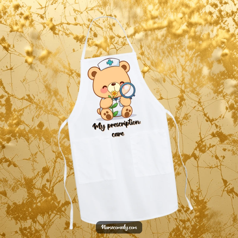 Funny kawaii bear nurse apron examining a tiny flower with a magnifying glass, perfect for a charming kitchen.