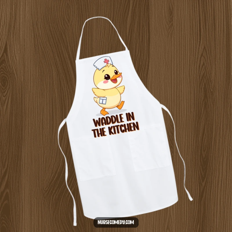 Funny Kawaii Duck Nurse Apron, cute cartoon duck waddling enthusiastically with a bright smile, ideal for kitchen fun and protection.