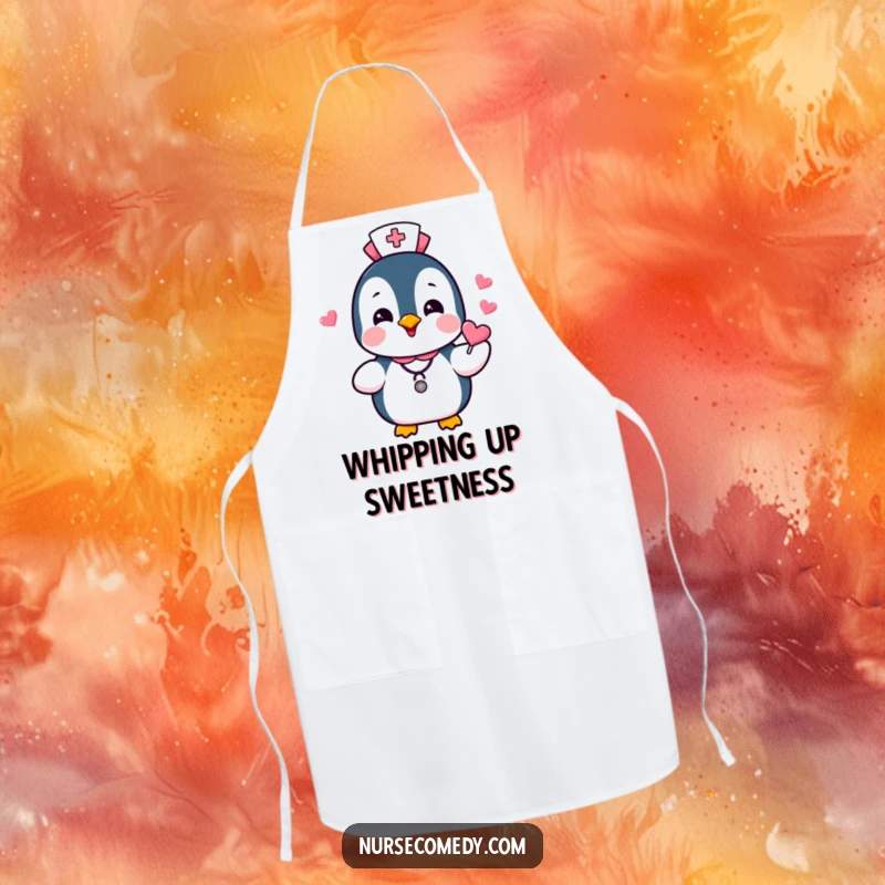 Funny Penguin Nurse Apron featuring a cheerful penguin character in nurse uniform, gleefully handing out heart candies, perfect for a humorous kitchen.