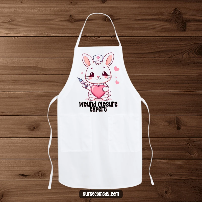 Funny rabbit nurse apron showing a winking bunny with a syringe and heart, bringing humor and charm to cooking.