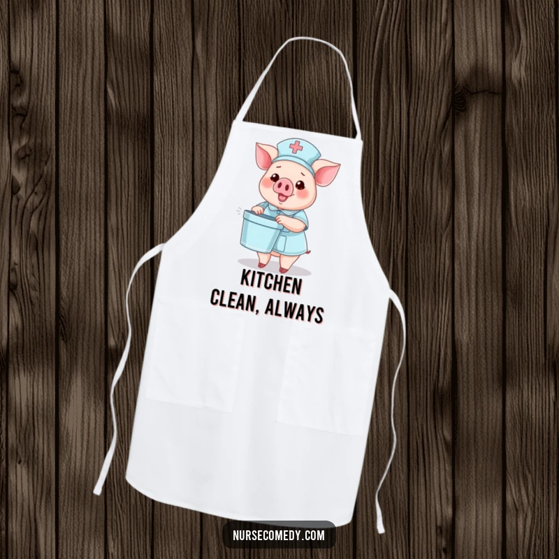Funny apron with a pig nurse character holding a tiny bedpan and waving, perfect for kitchen duty.
