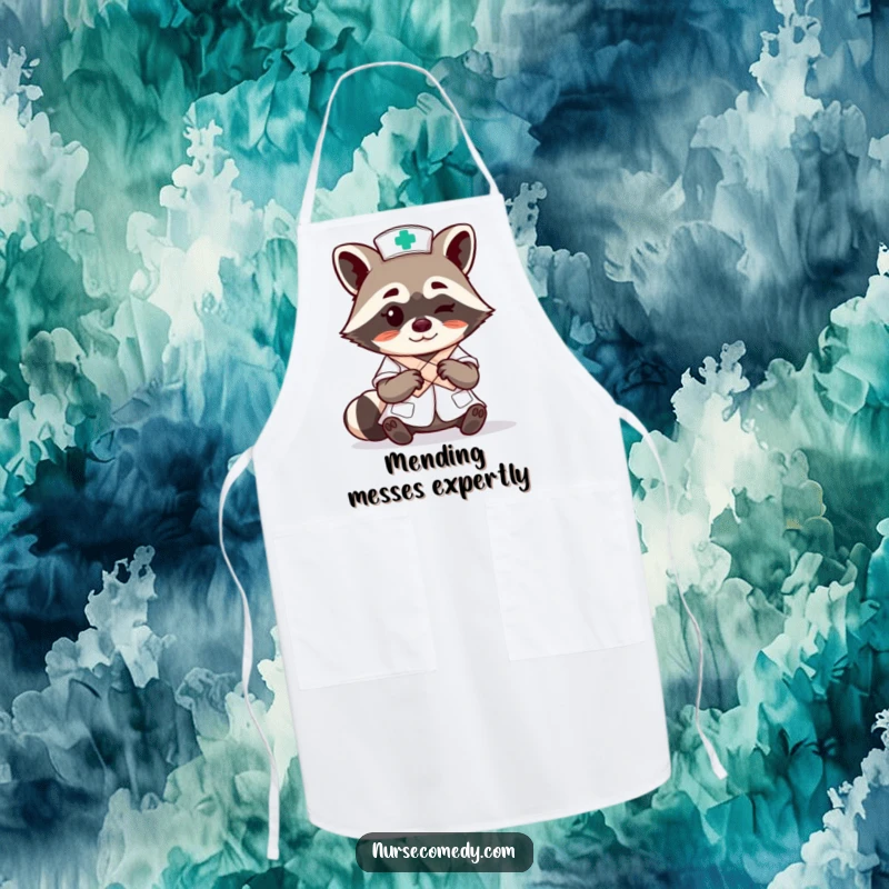 Funny raccoon nurse character expertly tying a bandage with a wink on a functional apron, great for cooking enthusiasts.