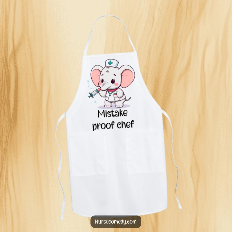 Funny elephant nurse character on an apron, spraying water from a syringe, a whimsical and practical accessory for the kitchen.