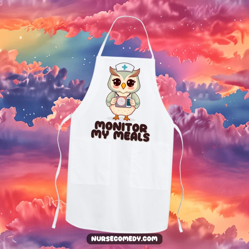 Funny apron with an owl nurse character checking a heart monitor, perfect for kitchen vigilance.