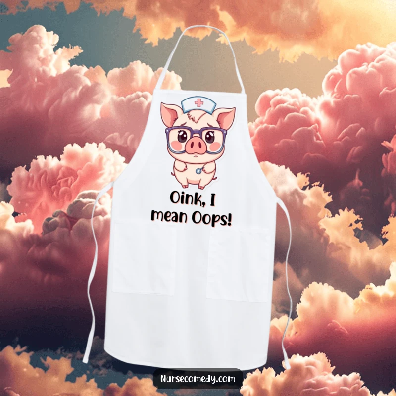 Funny apron design illustrating a kawaii pig nurse looking comically surprised, her large glasses adding to the visual humor while cooking.