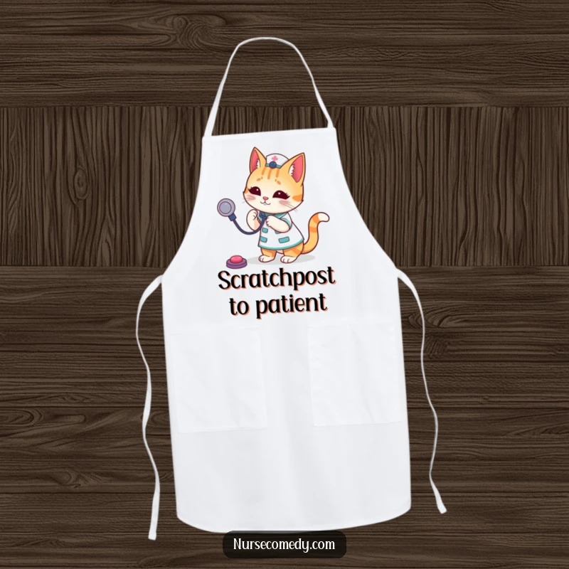 Funny Cat Nurse Apron showcasing a cute, playful cat character dressed as a nurse, ready to handle kitchen duties with a stethoscope.