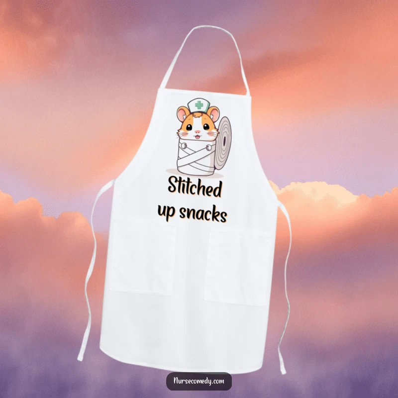 Funny Hamster Nurse Apron with a curious hamster nurse peeking from behind a bandage roll, perfect for cooking.