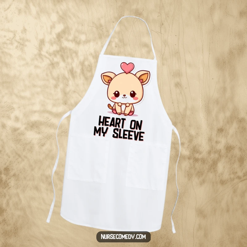 Funny Kawaii Animal Apron depicting a cute character expertly balancing a heart on its head, ready for culinary fun.