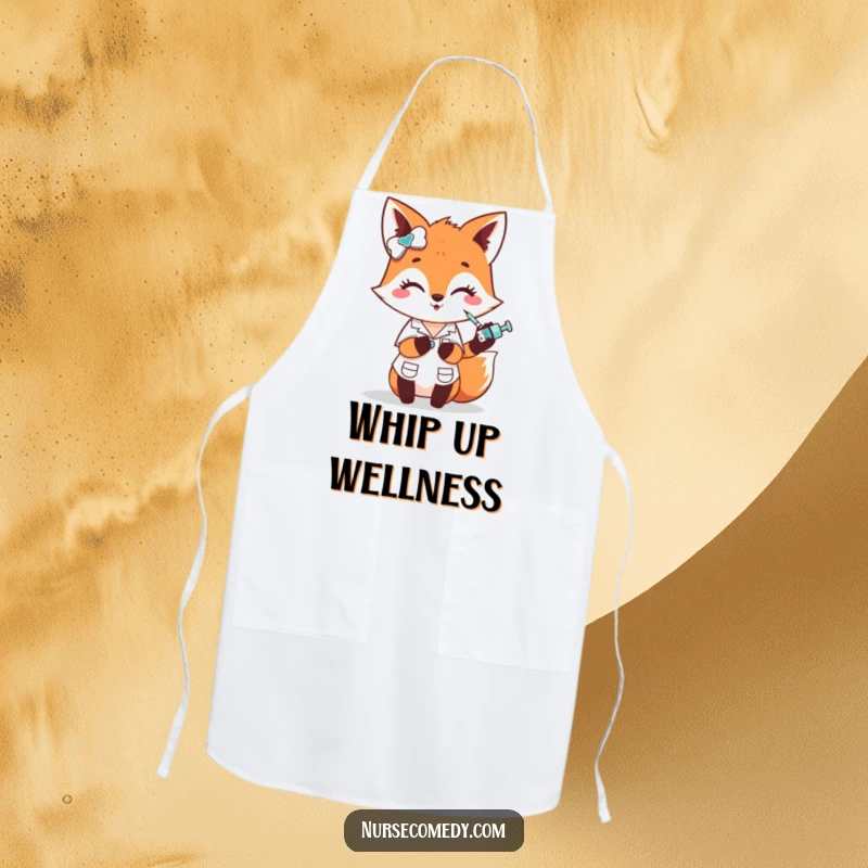 Funny fox nurse apron, a cute character comically administering a small poke with a tiny syringe, ideal for kitchen humor, funny gift.
