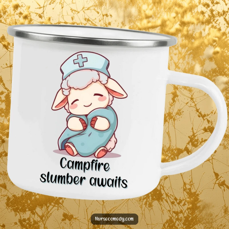 Funny sheep nurse character on a camping mug, nightcap, comfort blanket, durable and charming for outdoor use.
