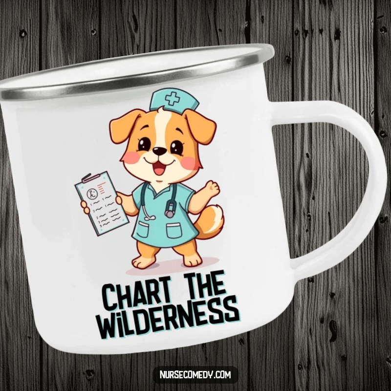 Funny dog nurse camping mug showing a happy dog dancing with a medical chart, great for coffee or tea on the go.