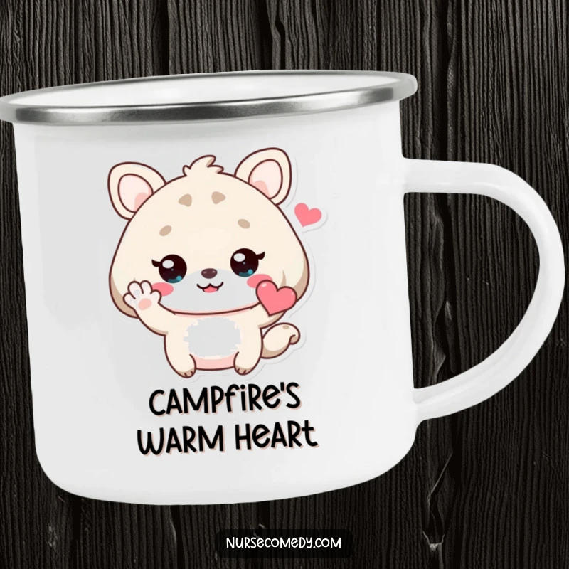 Funny Kawaii Animal Camping Mug depicting a cute character waving hello with a heart, ready for outdoor fun and friendship.