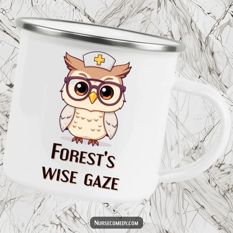 Funny Kawaii Owl Nurse Camping Mug: A sturdy mug displaying a smart owl nurse character with spectacles, designed for outdoor wisdom and enjoyment.