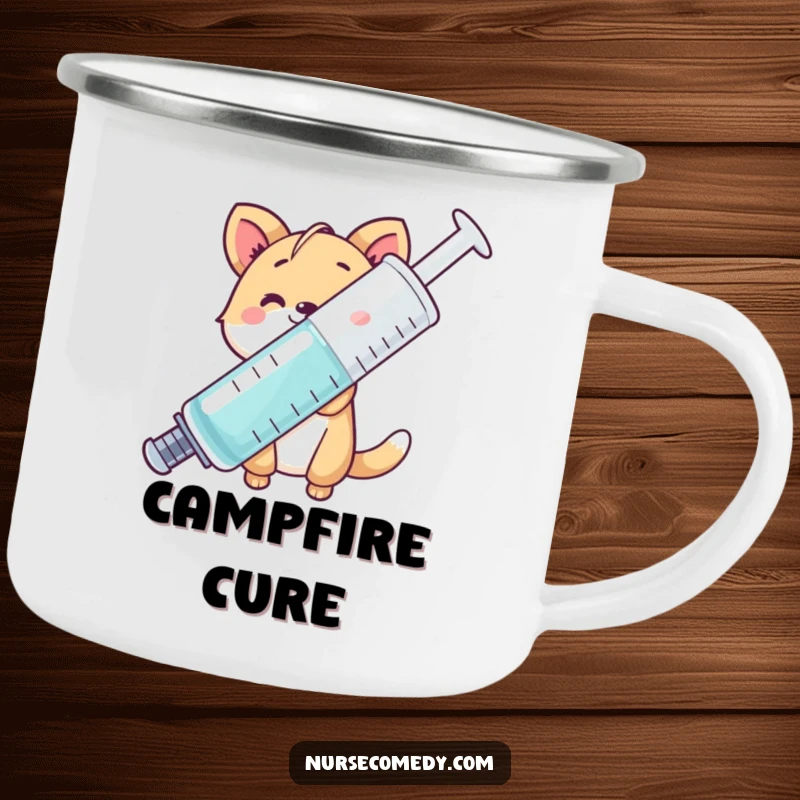 Funny animal character peeking from behind a giant syringe, enamel camping mug, rugged and humorous.