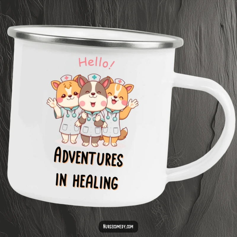 Funny animal nurse characters waving friendly hellos on a sturdy camping mug, perfect for outdoor enjoyment.