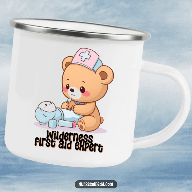 Funny bear cub nurse illustration on a camping mug, humorously checking a toy patient in an outdoor setting.