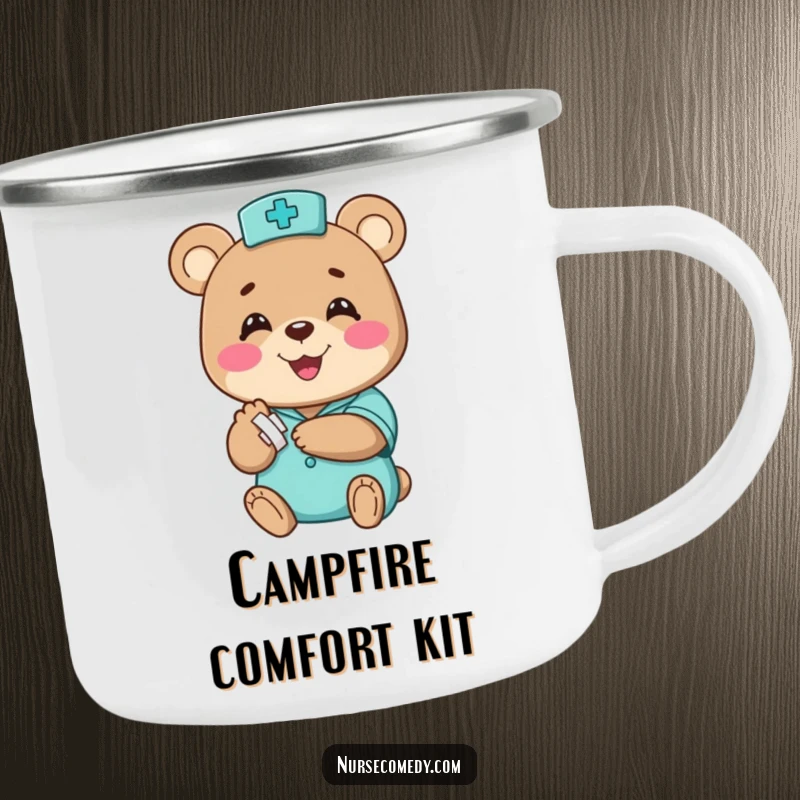 Funny bear nurse camping mug, a happy character comically bandaging a small paw with a big smile, for outdoor comfort, funny gift.