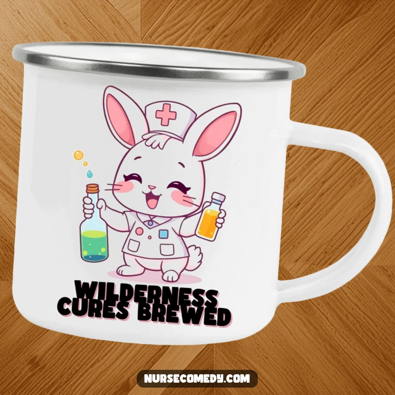Funny Camping Mug: A bunny nurse gives a colorful potion. Perfect for warm drinks and magical outdoor moments.
