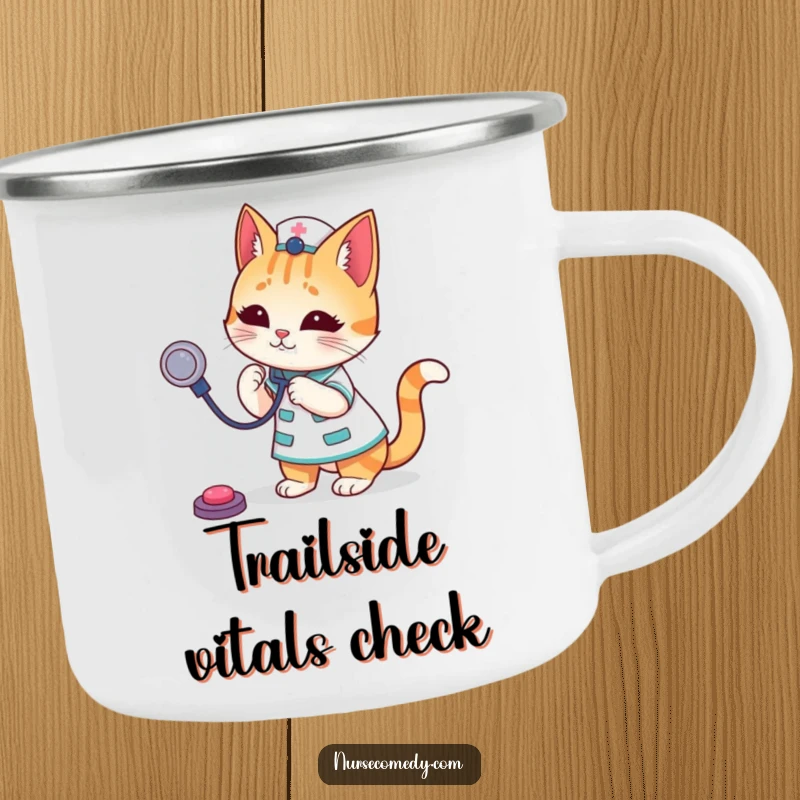 Funny Cat Nurse Camping Mug with a playful cat doctor character tossing a stethoscope, designed for outdoor adventures and humor.