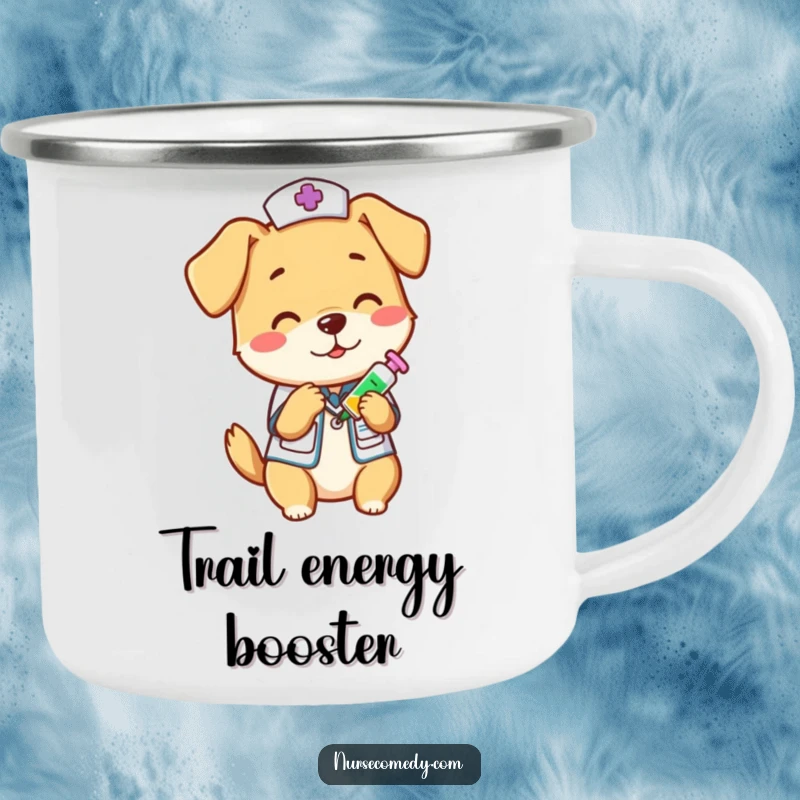 Funny dog nurse administering a vitamin shot on a durable camping mug, designed for outdoor enthusiasts who enjoy humor, a great funny gift.