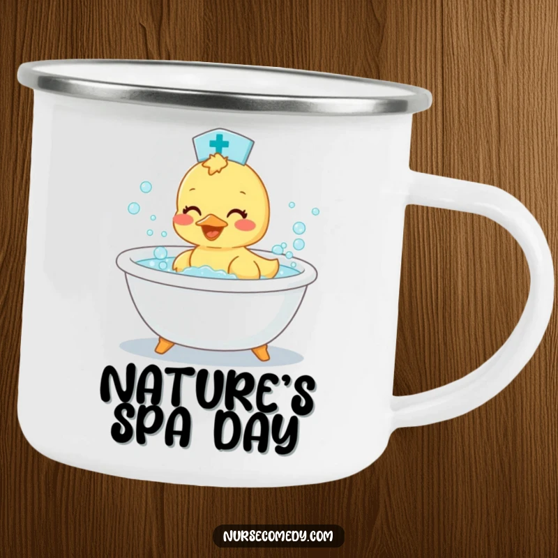Funny Duckling Nurse Camping Mug: Durable mug featuring a cheerful duckling doctor enjoying a bubbly bath outdoors.