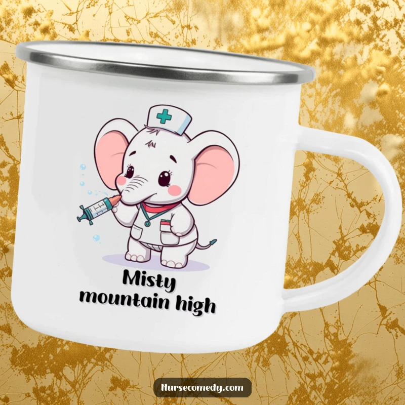 Funny elephant nurse character on a camping mug, spraying water from a syringe, durable and charming for outdoor use, a unique nurse appreciation gift.