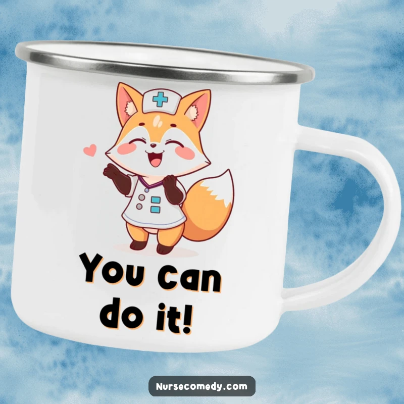 Funny Fox Nurse Camping Mug: Durable enamel mug with a cheerful animal doctor giving a pat on the back outdoors.