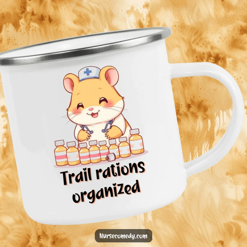 Funny Hamster Nurse Camping Mug: Durable mug featuring a hamster doctor organizing tiny bottles for outdoor adventures.
