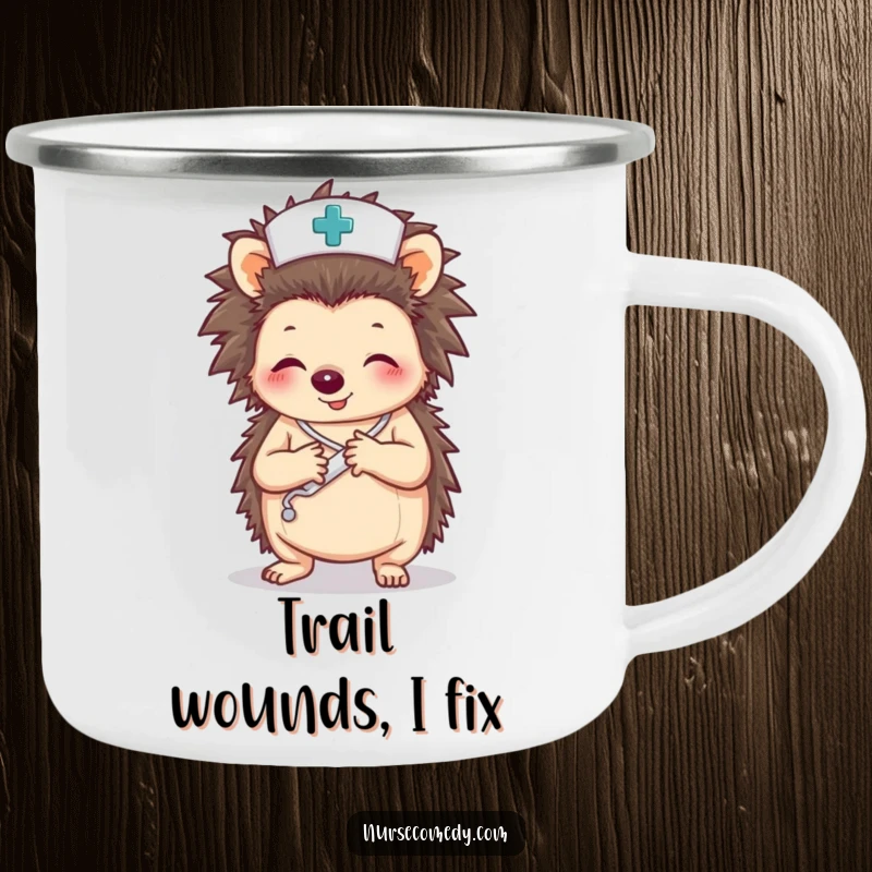 Funny camping mug with a hedgehog nurse character bandaging a paw, ideal for rugged use.