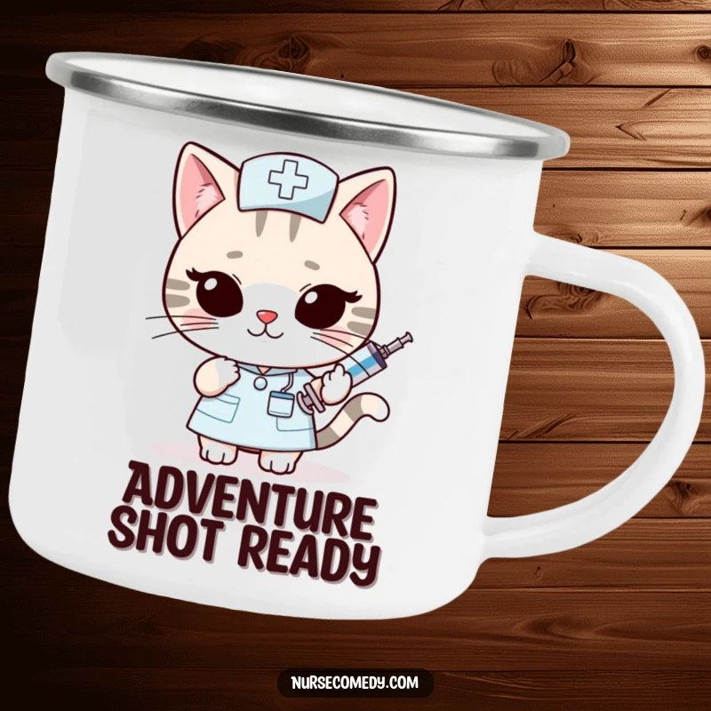 Funny Kawaii Cat Nurse Camping Mug: Slyly offering an oversized syringe with a wink, bringing portable mischief. Perfect funny gift.
