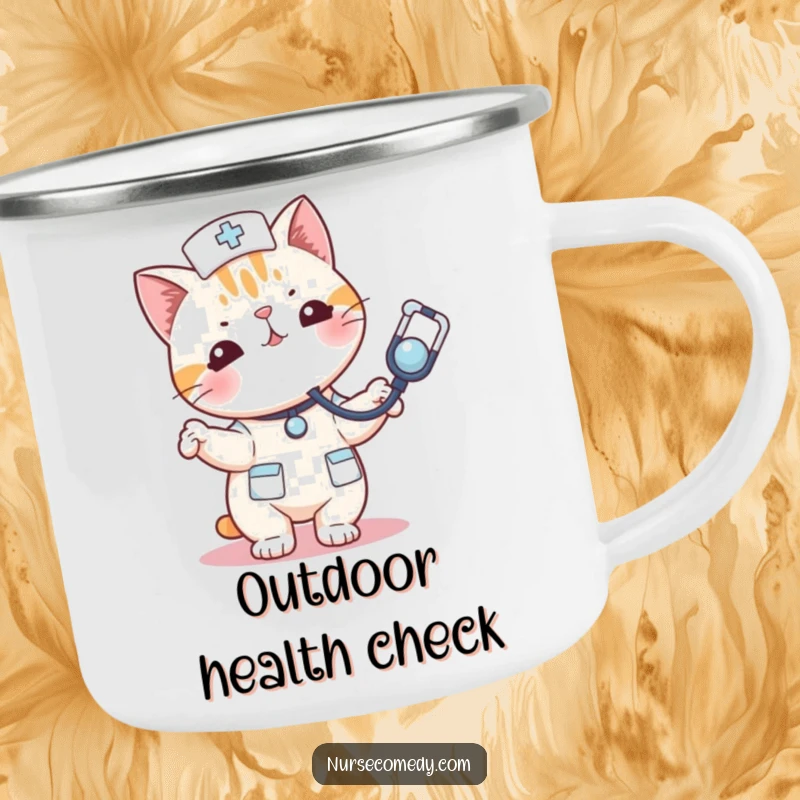 Funny kawaii cat nurse camping mug playfully bouncing a stethoscope like a toy, ideal for outdoor fun.