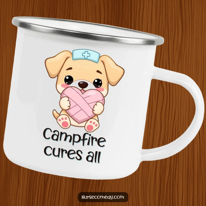 Funny Kawaii Puppy Nurse Camping MugHolding a Bandaged Heart Shape with Joy, Durable and Humorous, Funny Gift