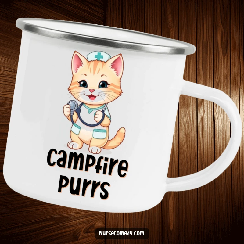 Funny Kitten Nurse Camping Mug: A cute kitten nurse playfully holds a stethoscope, making this durable mug a heartwarming companion for explorations.