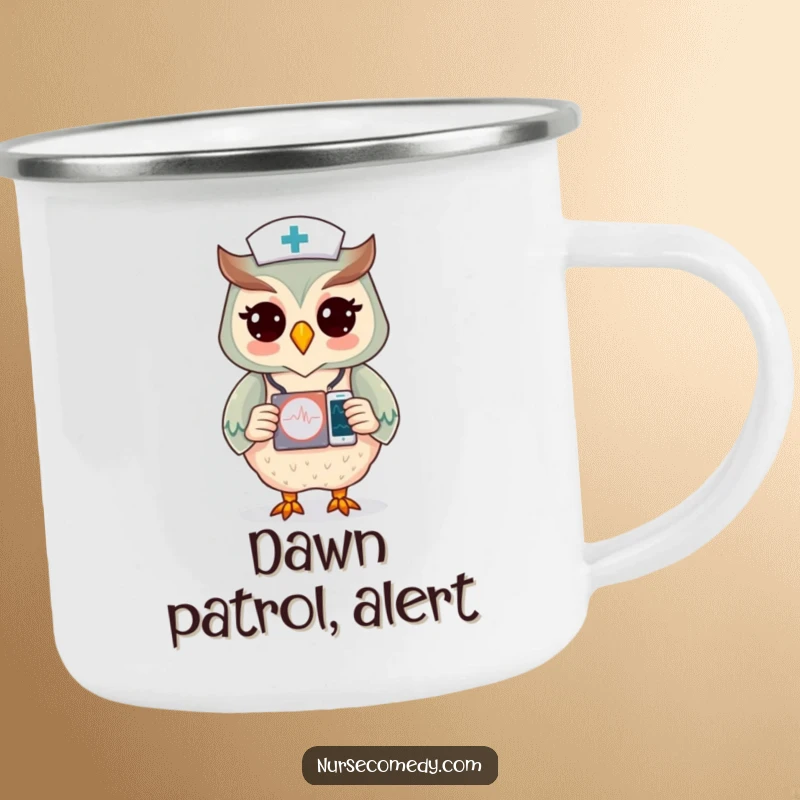 Funny camping mug with an owl nurse character checking a heart monitor, ideal for long shifts.