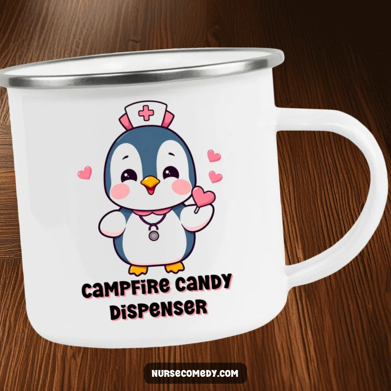 Funny Penguin Nurse Camping Mug featuring a happy penguin character distributing heart candies, perfect for outdoor use and humorous enjoyment.