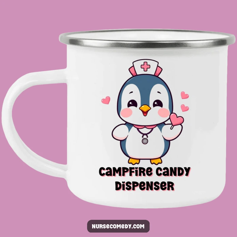 Funny Penguin Nurse Camping Mug: Sweet Candies, Humorous Outdoor Gift