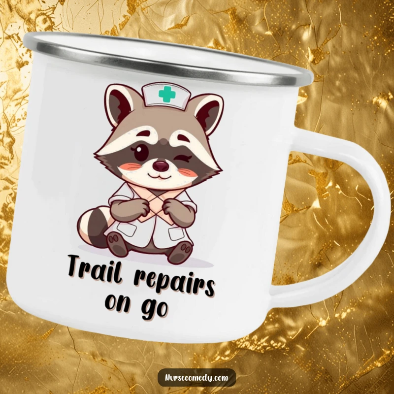 Funny raccoon nurse character expertly tying a bandage with a wink on a durable camping mug, ideal for outdoor adventures.