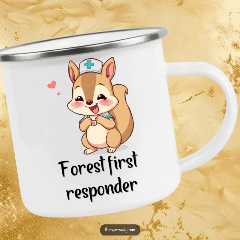 Funny squirrel nurse character humorously bandaging a tiny boo-boo on a camping mug.